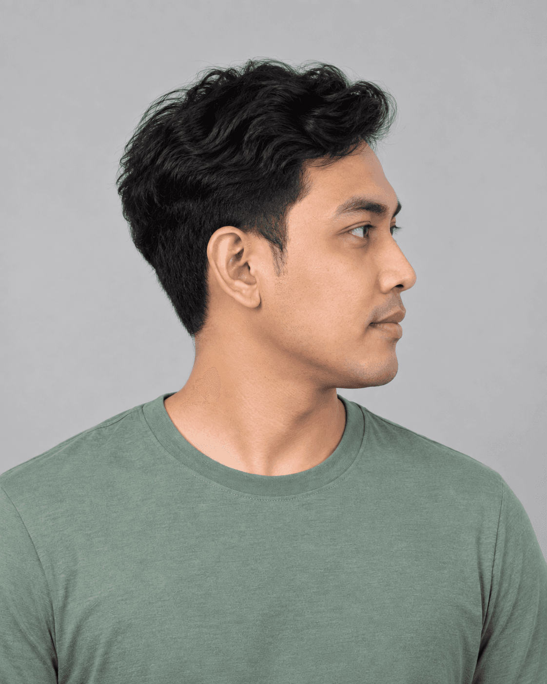 AI-generated pose example: Head turned to the person’s left, showing their right cheek in profile.