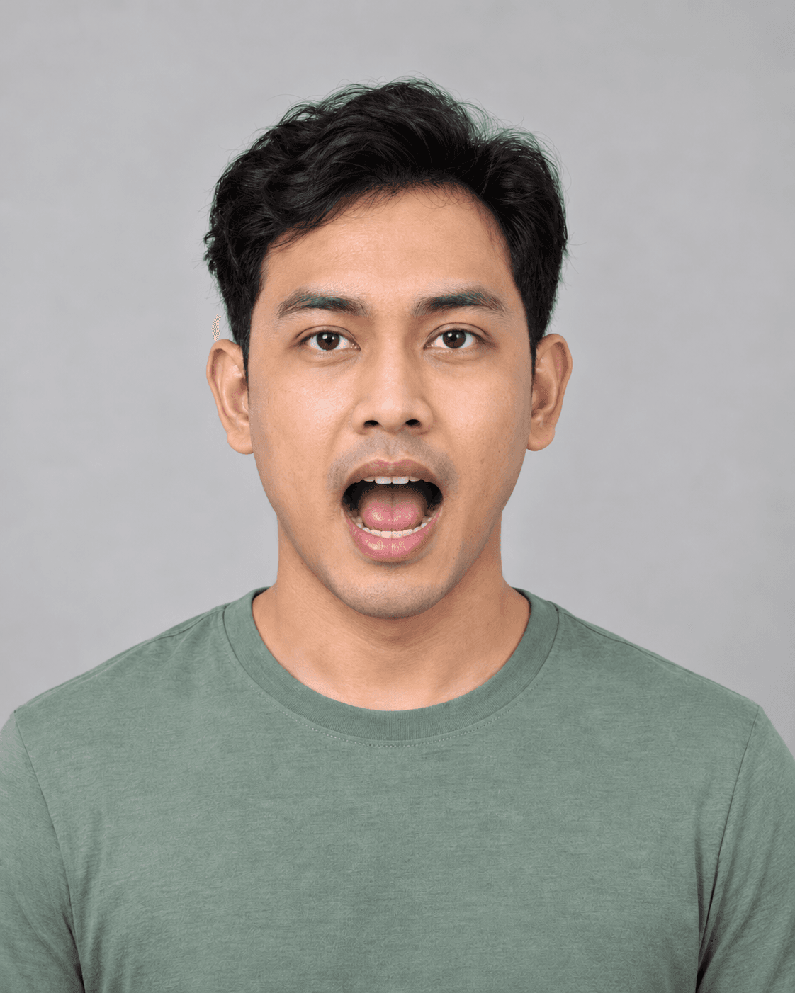 AI-generated pose example: Face forward with mouth open.