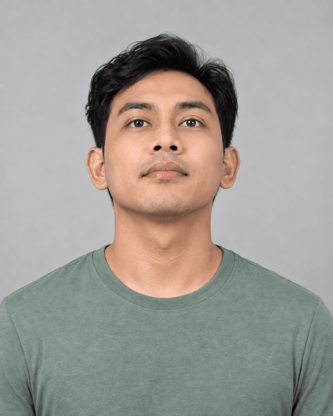 AI-generated pose example: Head tilted back slightly with nostrils visible.