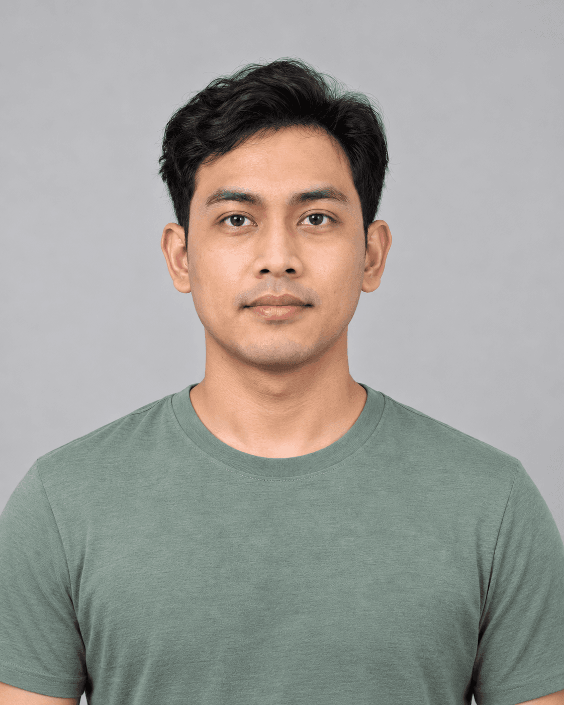 AI-generated pose example: Face forward with neck and shoulders visible.