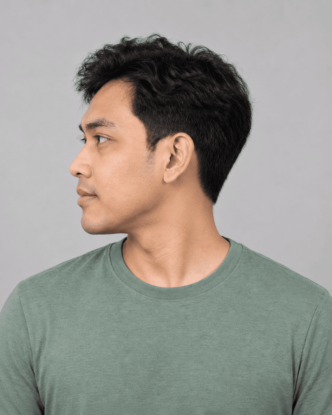 AI-generated pose example: Head turned to the person’s right, showing their left cheek in profile.