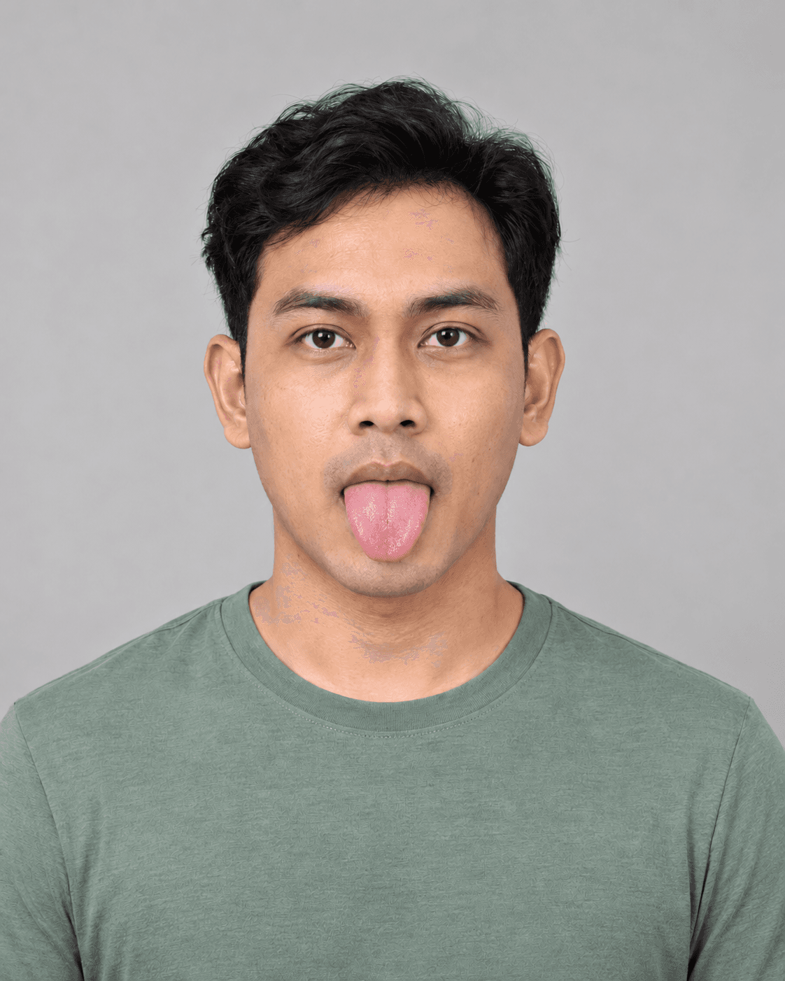 AI-generated pose example: Face forward with tongue extended comfortably.