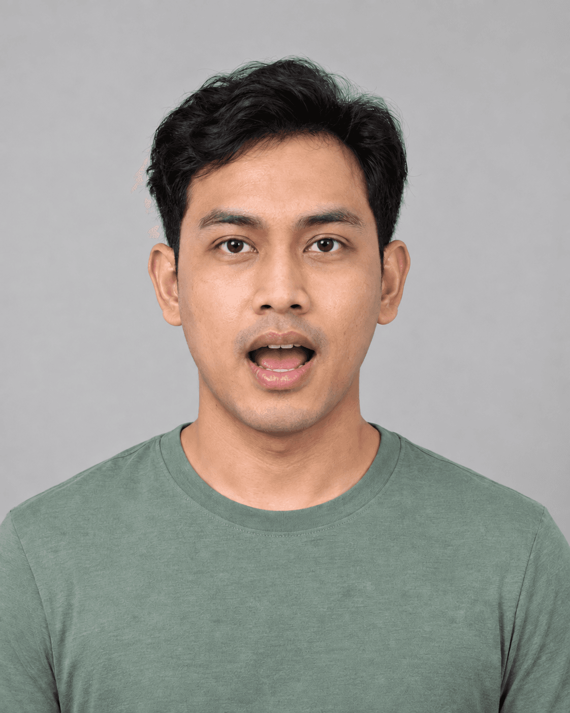 AI-generated pose example: Mouth open with the tongue relaxed inside.